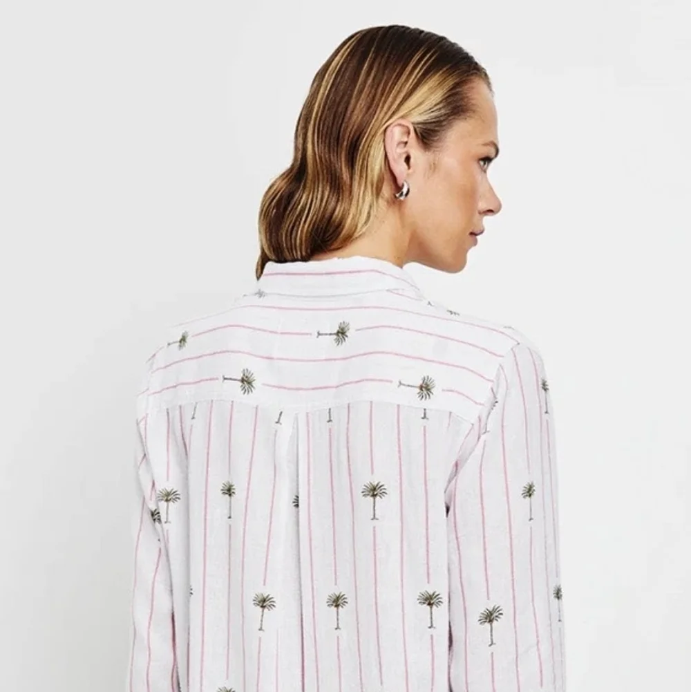 Rails Charli L/S Button Down Linen Shirt In Pink Palm Tree Stripe Size Small EUC - Picture 3 of 10